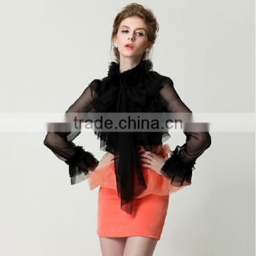 European style Autumn women retro transparent long sleeve black shirt chiffon blouse