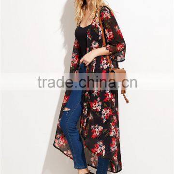 Custom Flower Print Women Soft Comfortable Beachwear Outwear Black Floral Longline Chiffon Kimono photo-4