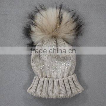 Myfur Latest Design Beige Color Turn Up Beanie with Stone Decoration Real Raccoon Fur Pom Pom