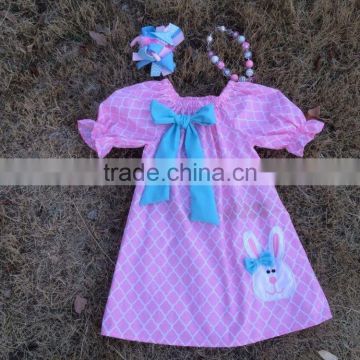 2015 new baby girls pink quatrefoil bunny Easter dress with necklace and headband set