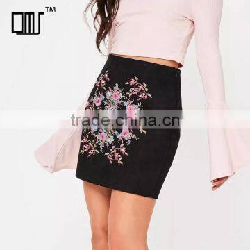 Side Zipped Embroidered Black Suede Stretchy Tight Mini Pencil Skirt