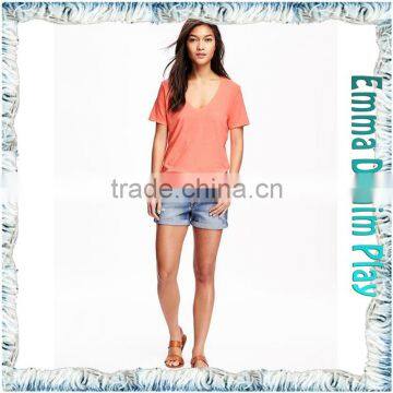 Latest Style Fashion Designs Color Dyed Sexy Girl's Soft Cotton Super Deep V Neck T-Shirts