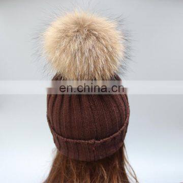 Wholesale Latest UK Style Acrylic Crochet Hat With Raccoon Fur Poms Knit Hat photo-4