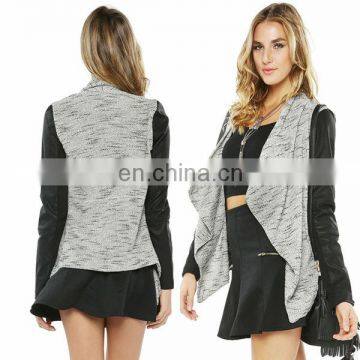 2014 New Design Long Sleeve Leather Simple Ladies Cardigan