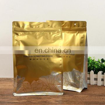 China factory wholesale Gold laminate vacuum sealing bag,flat bottom zipper food bag with logo printing