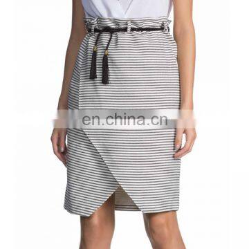 High Waisted Belt Street Wear Ladies Skirt Cotton Stripe Fashion Casual Skirts