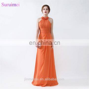 Orange Bridesmaid Dresses Floor Length Pleated Peach Color Chiffon On Sale Halter Bridesmaid Dresses photo-2