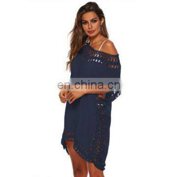 Solid Color V-neck Hand Hook Stitching Sexy Hollow Loose Beach Bikini Blouse Skirt Dress photo-6