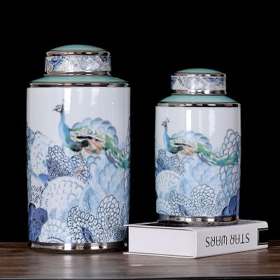 New Chinese Style Applique Hand Made Silvering Peacock Ceramic Decor Tea Canister