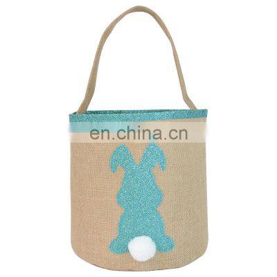 Promotional Reusable Eco-friendly Round Shape Bunny Baskets Jute Easter Gift Bag With Handle