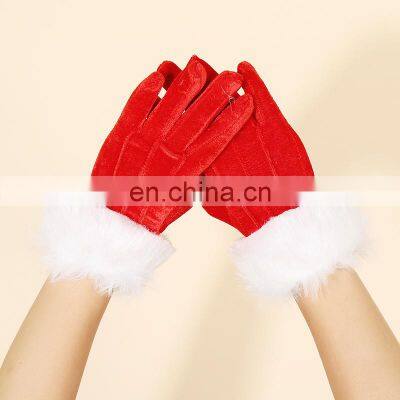 Fashion Style Party Decoration Women Ladies Teen Short Gold Velvet Santa White Fur Mouth Red Christmas Gloves photo-2