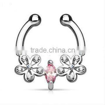Flower CZ Crystal 316L Surgical Steel Fake Septum Clicker Nose Piercing Body Jewelry