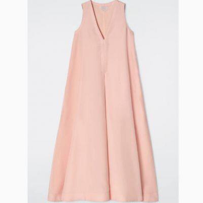 Loose-fit A-line blended fabric long dress with backless design, 2025 spring new product