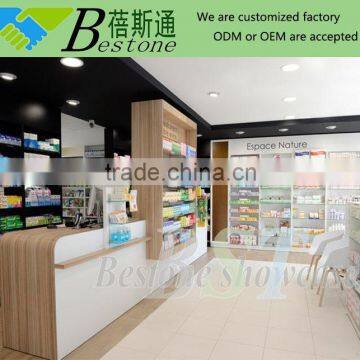 Modern clinic store interior design for pharmacy medicine, wooden wall cabinets