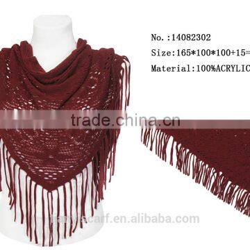 wine red hollow design tassels triangle scarf 100% acrylic triangular scarfs