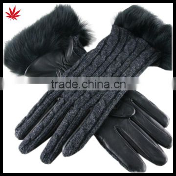 lady's fashion knitting splicing black leather gloves with fur