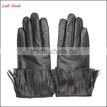 Fashion Index Finger Touch Screen Black Tassels Leather Gloves Women photo-4