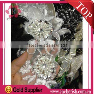 Fashion organza lace trim decoration bridal lace trim with bling bling beads for dress                        
                                                Quality Choice