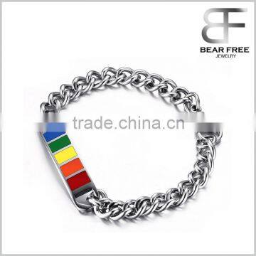 Simple Style Stainless Steel Rainbow Rubber Gay & Lesbian LGBT Pride Bracelet Silver