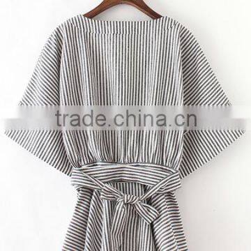 Blouses Latest Fashion Design Women Clothing Black And White Stripe Bow Wrapped Blouse photo-6