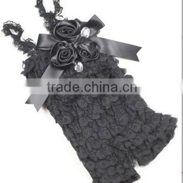 Black Ruffles Lace Petti Rompers With Straps & Bunch Of Satin Rosettes& Crystal GB023