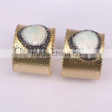 Charm Metal Brass Plated Gold Druzy Bangles, Natural Amazon Gem stone Bangles, with Pave Crystal Quartz Stone Bangles