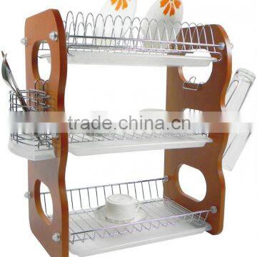 large capacity 3 tier dish rack with wooden side holder