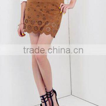 2015 Autumn High Waist Hollow embossed leather skirts Mini skirts Customized