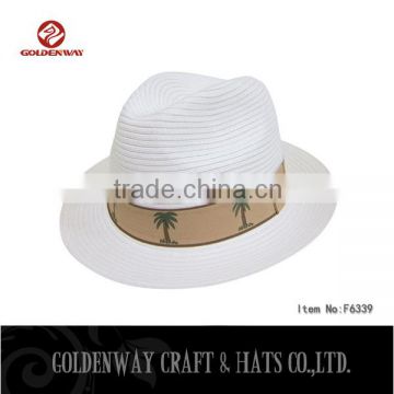 Wholesale cheap white 0.8 paper briad panama hat with band print logo Palm tree