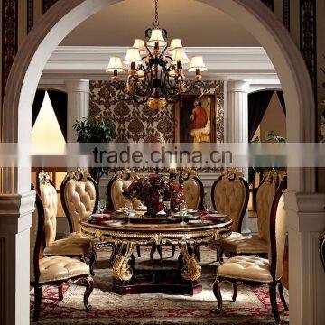 Neoclassical Luxury Solid Wood Hand Carved Dining Room Furniture Gold Color Lazy Susan Round Dining Table photo-2