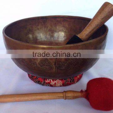 High Quality Asthamangala symbol Meditating Buddha Carved Singing Bowl