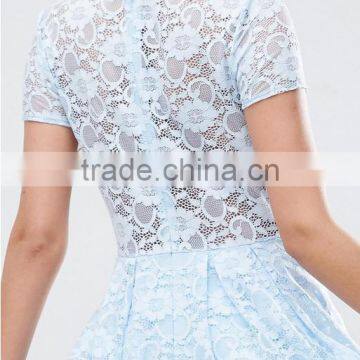 Guangzhou Clothing OEM Blue Pleated Skirt Lace Mini T-Shirt Dress photo-6