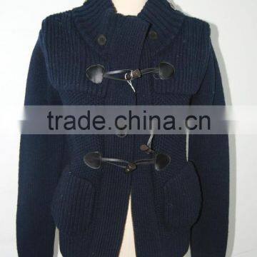 ECO LEATHER BUTTON FASTENING PURE WOOLEN CARDIGAN