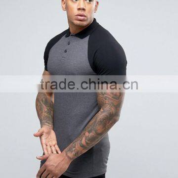 Custom Contrast Raglan Short Sleeve Button Placket Longline Grey men's Cotton/Spandex 200gsm Casual Slim Fit Polo Tshirt
