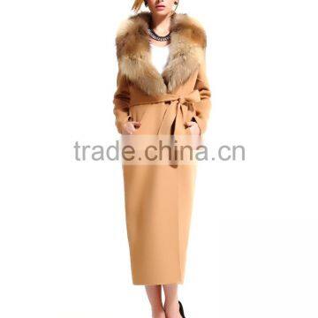 High Quality Hand Made Fox Fur Collar Women's Double Side Cashmere Long Coat