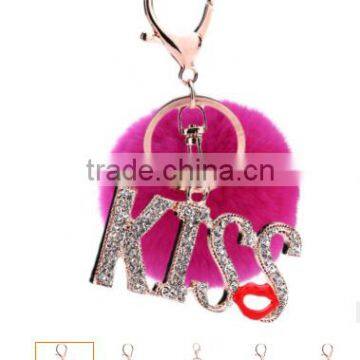 bling crystal kiss fur pom pom keychain fancy lady costume keychain jewelry high end fur ball crystal keychain bag charms