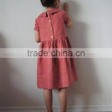Pink Coral Wholesale Clothing Linen Dress Peter Pan Collar Child Clothes photo-5