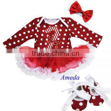 Xmas Stick Baby Red Polka Dots White Ruffles Long Sleeves Bodysuit Pettiskirt and Headband Crib Shoes NB-18M