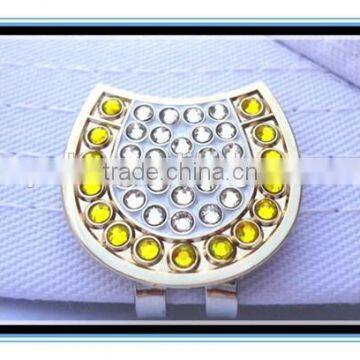 2015 fashion crystal yellow horseshoe ball marker with magnetic hat clip