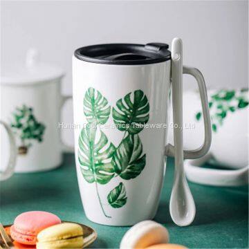 Ins Creative Nordic Green Plant Ceramic Mug With Cover Spoon Large Capacity Heat-Resistant Household Coffee Water Cup