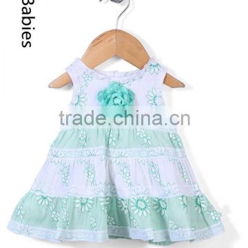 Fashion baby girl sleeveless floral print with lace cotton dress