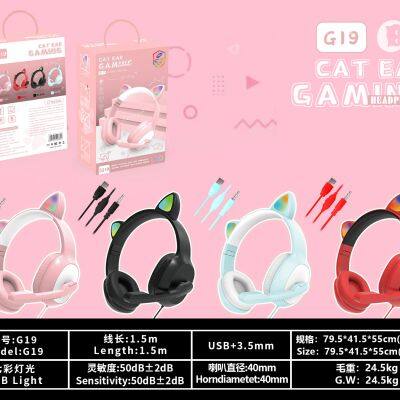 G19 Pink Cat Ear Cute Girl Gaming Headset With Mic Noise Reduction Foldable Stereo Music Helmet RGB Flash Wired Headphone photo-5
