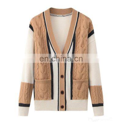 Fast Delivery Casual Women's Thick Winter V-Neck Cable Knitted Cashmere Cardigan Sweater Decorated with Button Solid Pattern