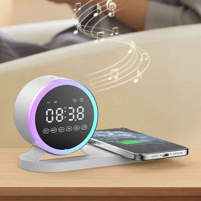 Popular Design RGB Lighting Multi-functional Alarm Clock Bluetooth Speaker with Wireless Charger