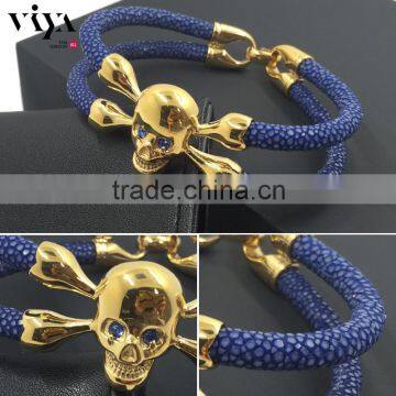 Fashion Viya Jewelry Top Sale Real Stingray Leather Bracelet Handmade Skull Bracelet with Diamond Eyes For Wholesales