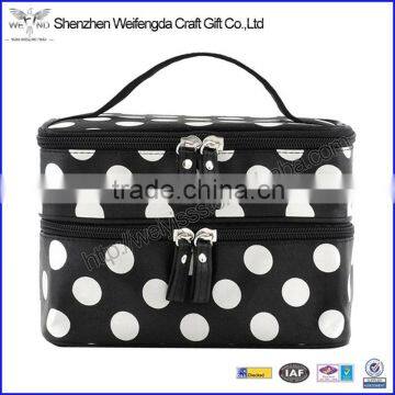 Fashion cosmetic bag double layer dot pattern travel toiletry bag organizer with mirror