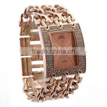 Women's Rose Gold-Tone Triple Chain Stainless Steel Band Rhinestone Luury Analog Wrist Watches