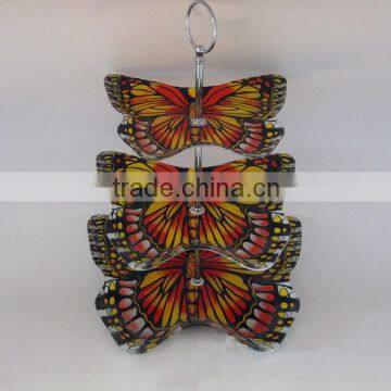 HOT SALE!butterfly shape tiers glass serving plate with decal