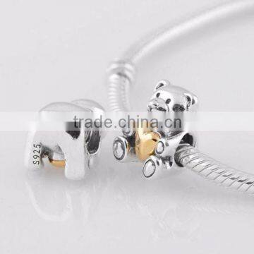 Teddy Bear With Golden Heart 925 Sterling Silver Screw Charm Bead DIY Making photo-2