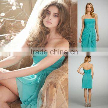 Custom Made Wholesale Strapless A-line Draped Bodice Natural Ruffles Cascade Short Bridesmaid Dress 5326